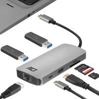 ACT USB-C-multipoort-dock 1 x USB C Man, 1 x HDMI A (Full-Size) Vrouw, 2 x USB A Vrouw, 1 x USB C Vrouw, 1 x SD Kaartgleuf, 1 x Micro SD Kaartgleuf
