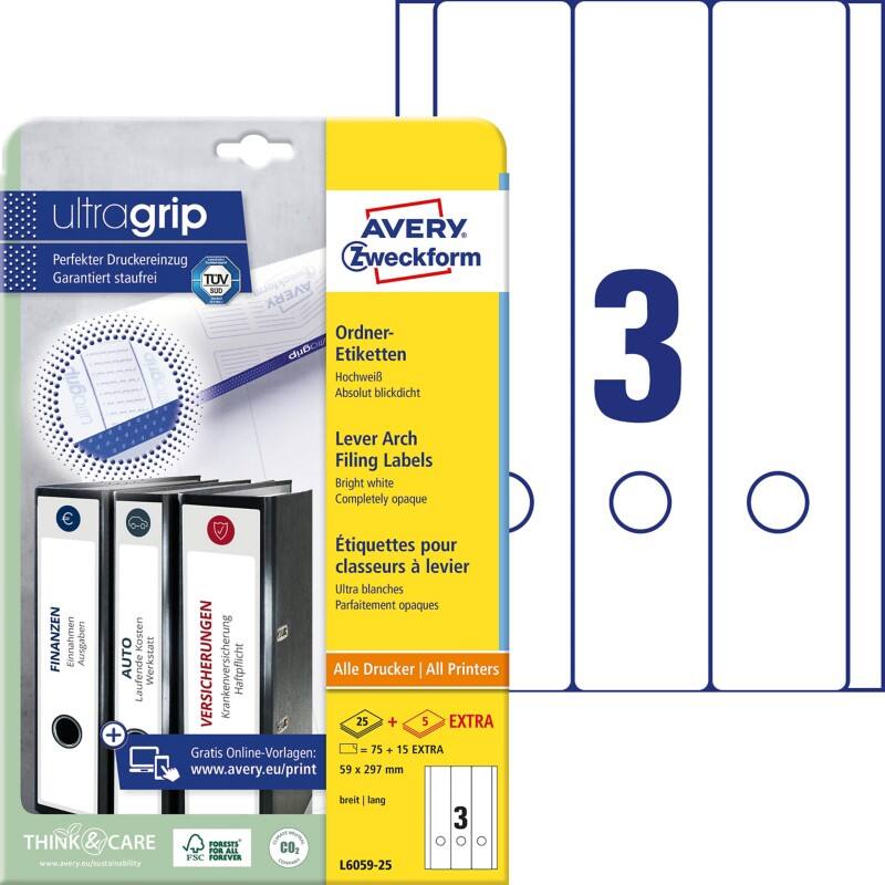 Avery Ultragrip Ordnerrugetiketten L6059-25 Klevend A4 Wit 5,9 x 29,7 cm 30 Vellen à 4 Etiketten