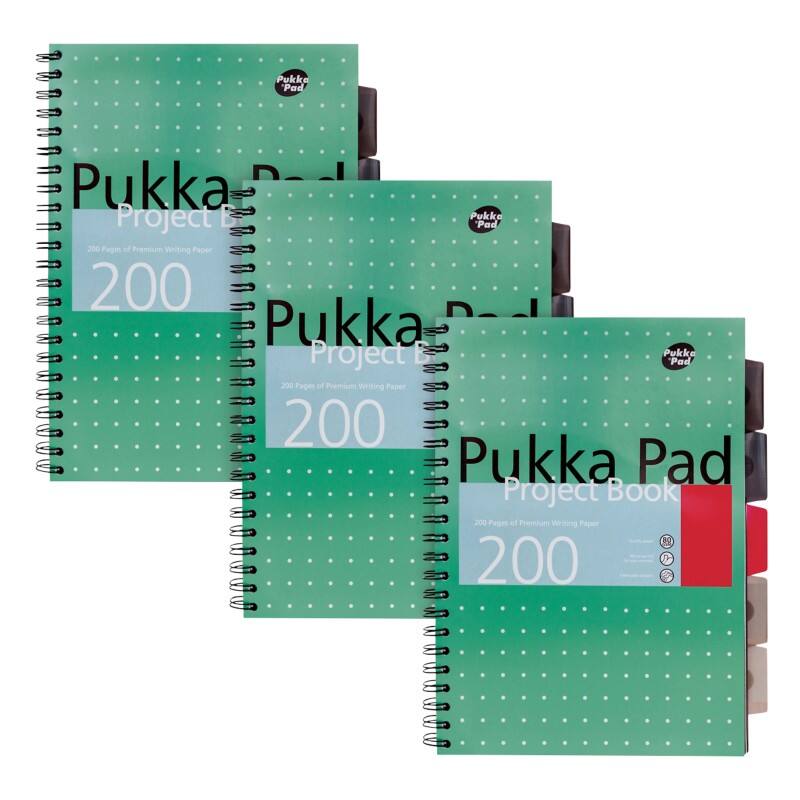 Pukka Pad Projectboek Metallic A4+ Gelinieerd Spiraalgebonden PP (Polypropeen) Harde rug Groen Geperforeerd 200 Pagina’s 3 Stuks