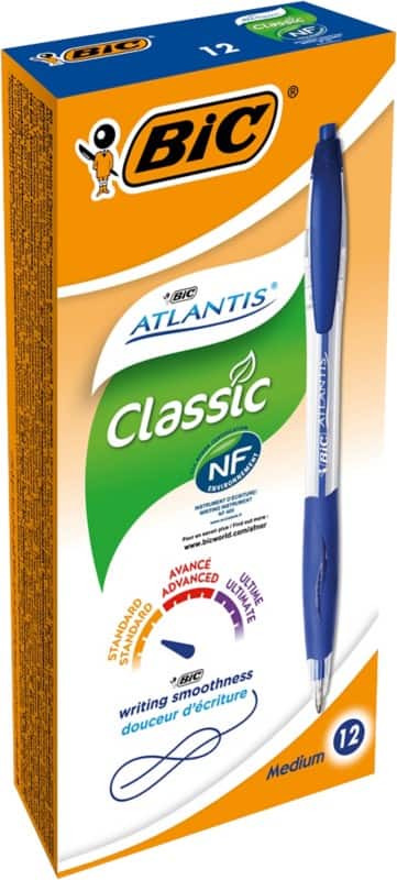 BIC Atlantis Classic Intrekbaar Balpen Blauw 0,4 mm Medium Balpen Navulbaar 12 Stuks