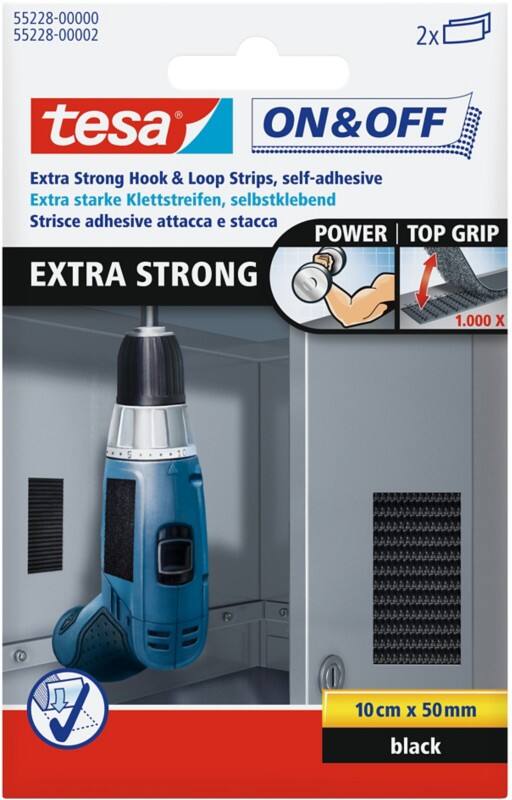 tesa Klittenband ON&OFF Extra Strong Zwart 50 mm (B) x 0,1 m (L) PP (polypropeen) 2 Stuks à 2 Strips