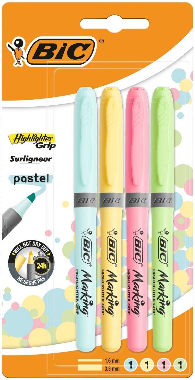 BIC Brite Liner Grip Pastell Tekstmarker Beitelpunt 1.6 mm Pastelkleuren assorti 4 Stuks