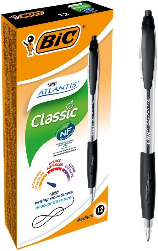 BIC Atlantis Classic Intrekbaar Balpen Zwart 0,4 mm Medium Balpen 12 Stuks
