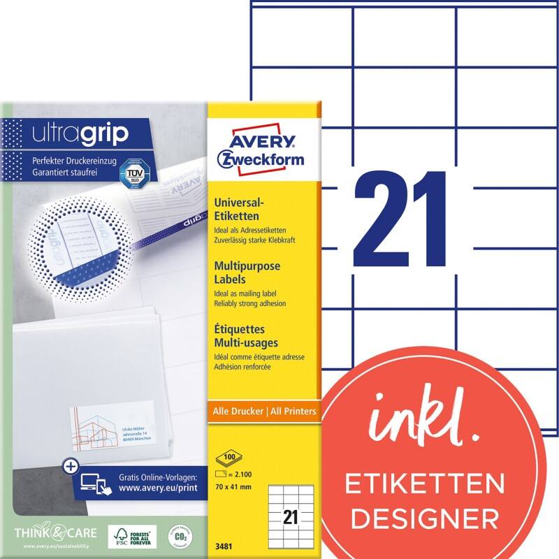 Avery Ultragrip Etiketten 3481 Klevend A4 Wit 70 x 41 mm 100 Vellen à 21 Etiketten