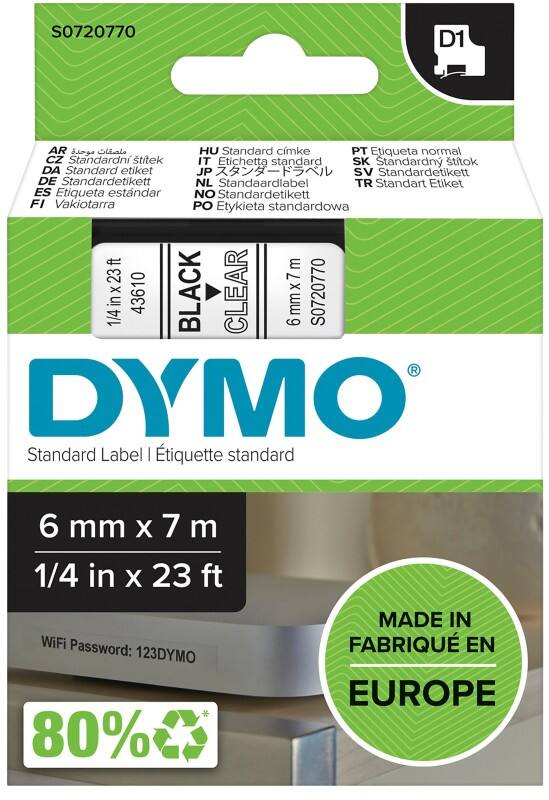 Dymo D1 S0720770 / 43610 Authentiek Labeltape Zelfklevend Zwart op transparant 6 mm x 7m