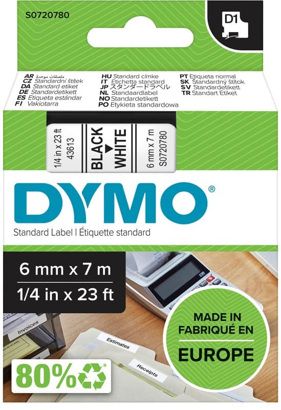 DYMO D1 Etiketteertape Authentiek 43613 1953241 Zelfklevend Zwart op Wit 6 mm x 7 m