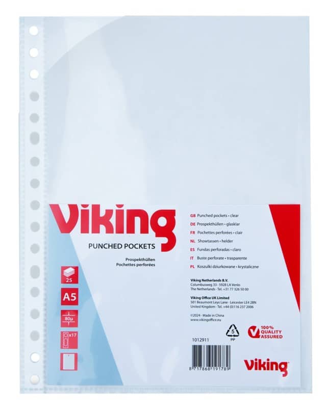 Viking Showtassen A5 Glashelder Transparant 80 micron PP (Polypropeen) Boven 17 Gaten 25 Stuks