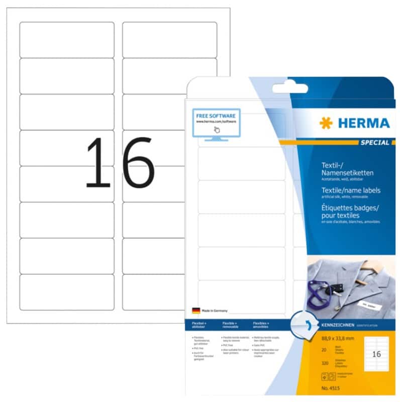 HERMA Textiel etiket 4515 Zelfklevend Wit 88,9 x 33,8 mm 20 Vellen à 16 Etiketten