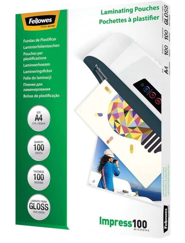Fellowes Impress Lamineerhoes A4 Glanzend 100 micron (2 x 100) Transparant 100 Stuks