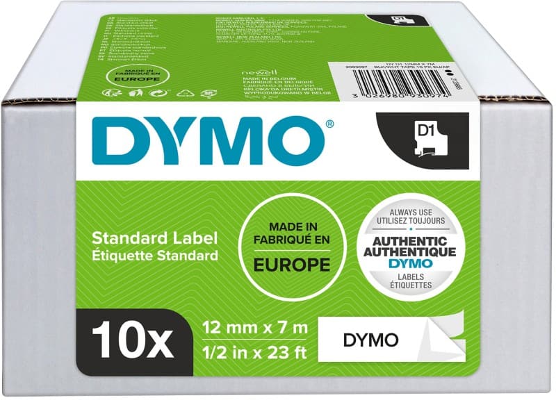 Dymo D1 S0720530 / 45013 Authentiek Labeltape Zelfklevend Zwart op wit 12 mm x 7m 10 Rollen