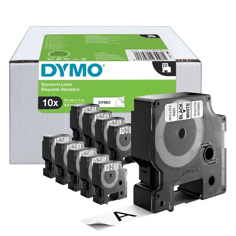 Dymo D1 2093098 / 45803 Authentiek Labeltape Zelfklevend Zwart op wit 19 mm x 7m 10 Rollen