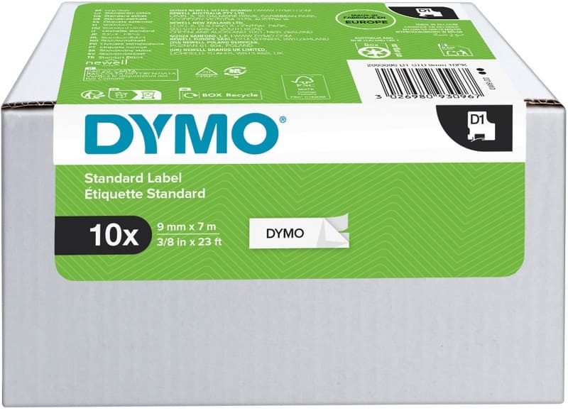 Dymo D1 S0720680 / 41913 Authentiek Labeltape Zelfklevend Zwart op wit 9 mm x 7m 10 Rollen