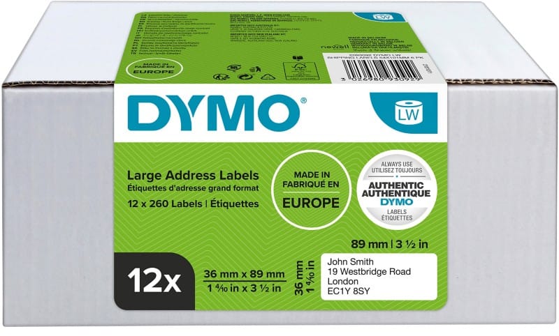 DYMO LW Adresetiketten Authentiek 99012 2093093 Zelfklevend Zwart op Wit 89 x 36 mm 12 Rollen à 260 Etiketten