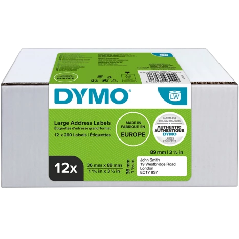 DYMO LW Adresetiketten Zwart op Wit 89 x 36 mm 12 Rollen à 260 Etiketten