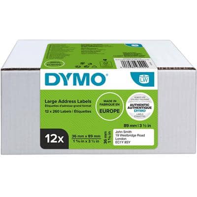 Dymo LW 2093093 / 99012 Authentiek Grote Adresetiketten Zelfklevend Wit 36 x 89 mm 12 Rollen à 260 Etiketten