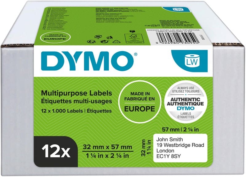 Dymo LW 2093095 / 11354 Authentiek Multifunctionele etiketten Zelfklevend Wit 32 x 57 mm 12 Rollen à 1000 Etiketten