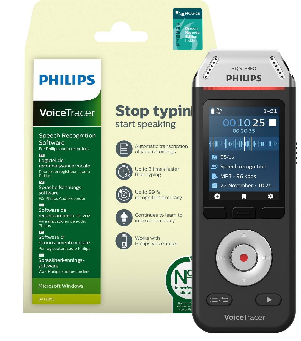 Philips Digitale Audiorecorder VoiceTracer DVT2810 Zilver, zwart