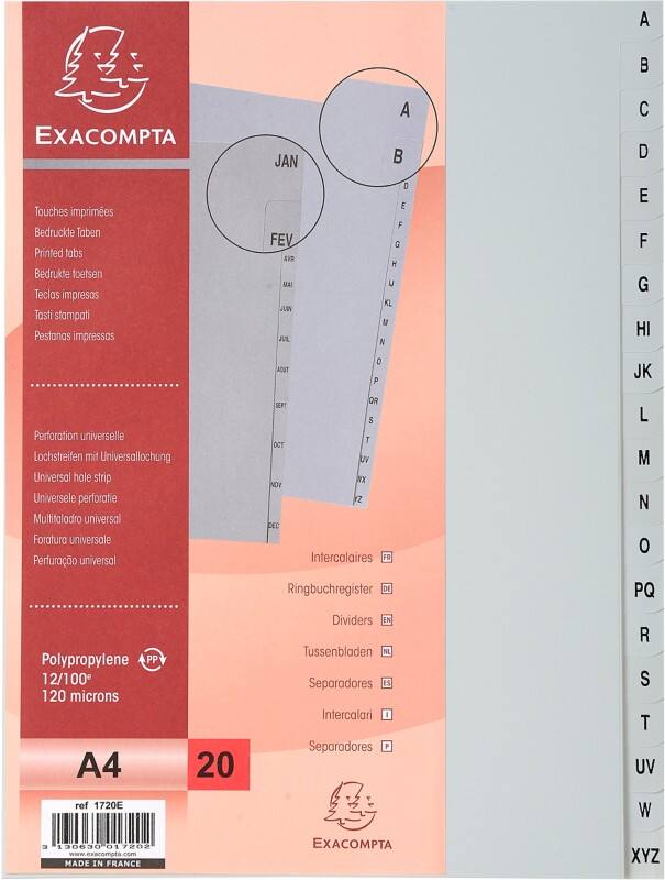 Exacompta Tabbladen 1720E 20 tabs Geperforeerd A4 Polypropyleen A - Z 10 Stuks