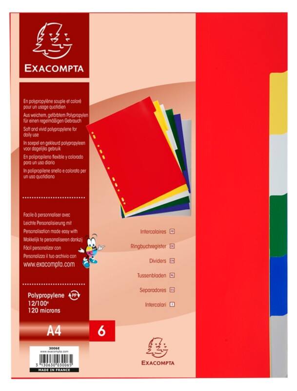 Exacompta Blanco Tabbladen A4 Kleurenassortiment 6 tabs PP (Polypropeen) 11 Gaten 3006E 100 Stuks