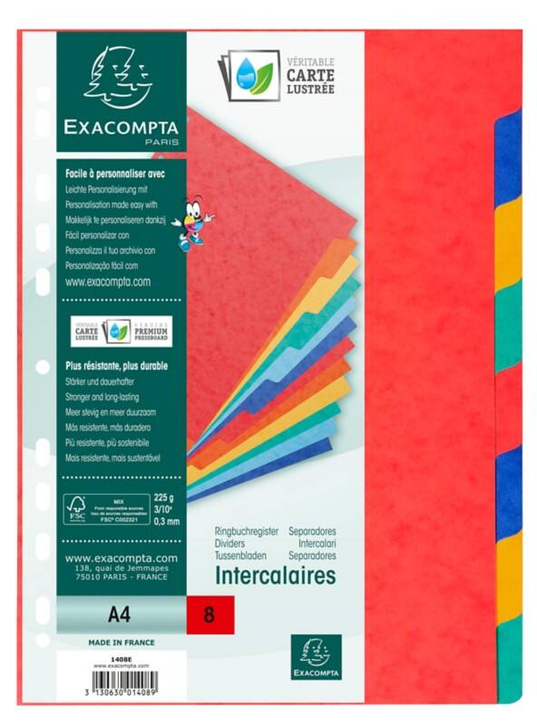 Exacompta Genuine Premium Pressboard Tabbladen A4 Kleurenassortiment 8 tabs Gewafeld karton 18 Gaten 1408E 25 Stuks