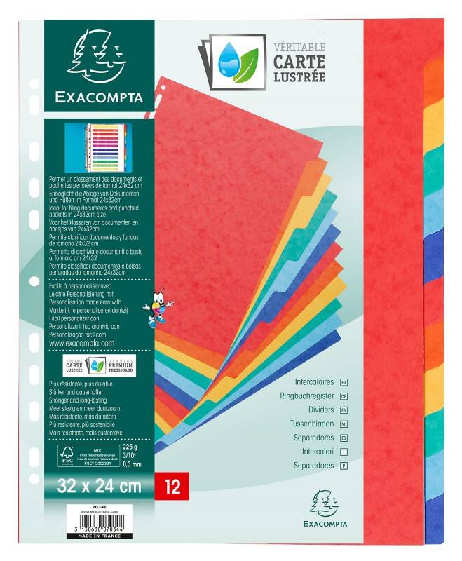 Exacompta Genuine Premium Pressboard 1 tot 12 Tabbladen  320 x 240 mm Kleurenassortiment Kleurenassortiment 12 tabs Gewafeld karton 18 Gaten 7034E 5 Stuks