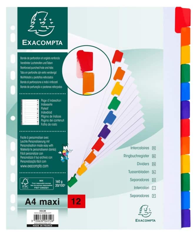 Exacompta Blanco Tabbladen A4 Maxi Kleurenassortiment 12 tabs Karton 18 Gaten 4312E 20 Stuks