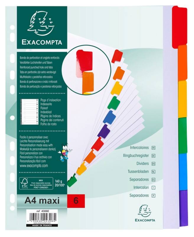 Exacompta Blanco Tabbladen A4 Maxi Kleurenassortiment 6 tabs Karton 18 Gaten 4306E 20 Stuks