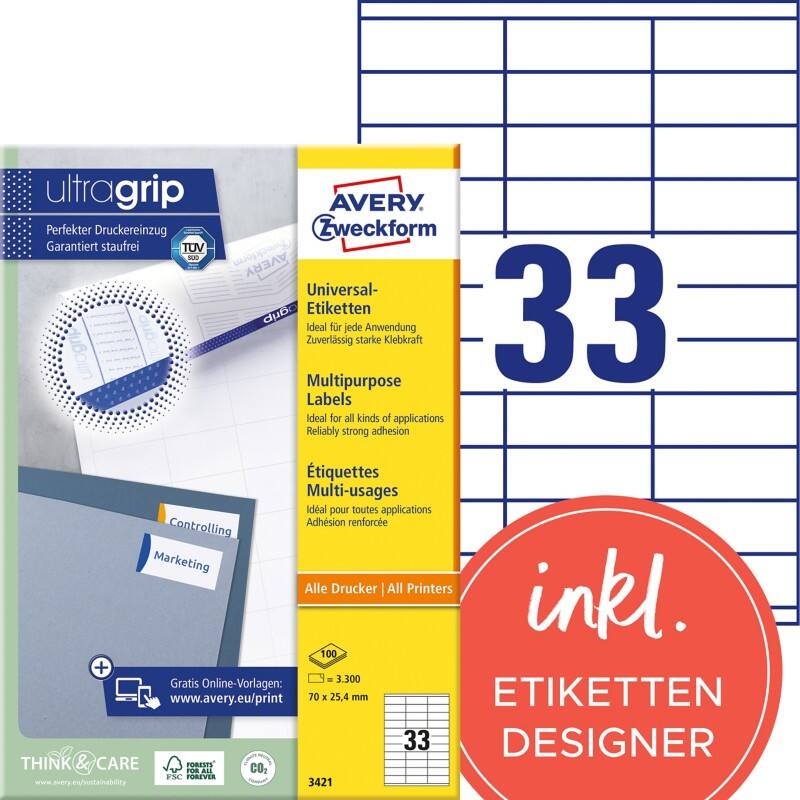 Avery Ultragrip Etiketten 3421 Klevend A4 Wit 70 x 25,4 mm 100 Vellen à 33 Etiketten