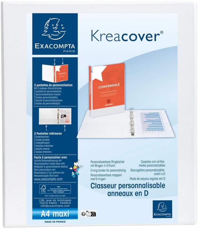 Exacompta Kreacover 30 mm Elastomap PP (Polypropeen) A4 4 Ringen Wit 51842E 10 Stuks