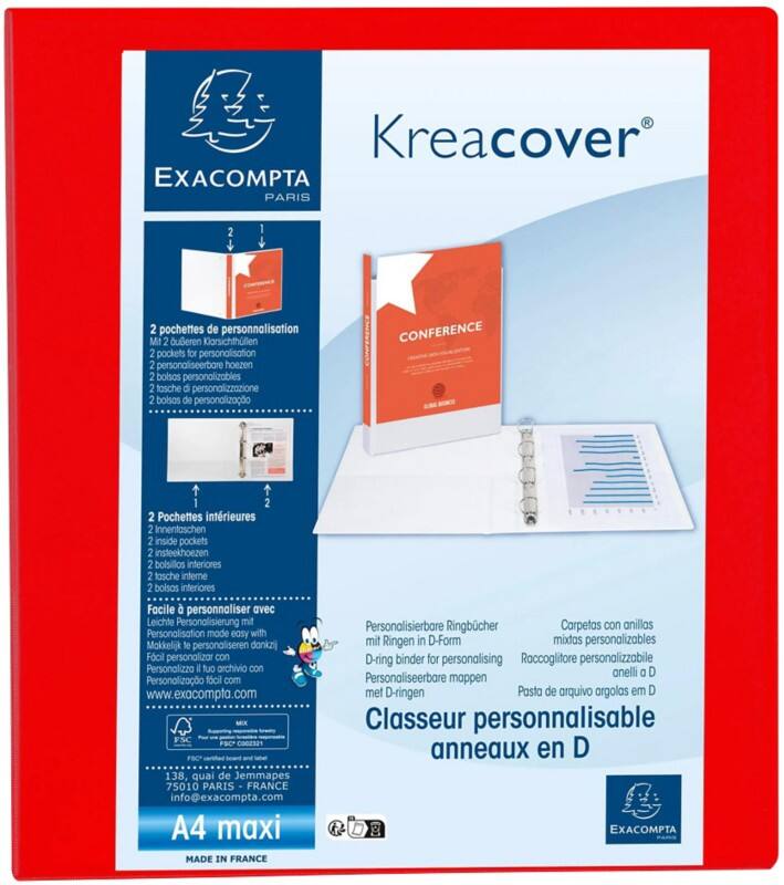 Exacompta Kreacover 40 mm Elastomap PP (Polypropeen) A4+ 4 Ringen Rood 51843RE 10 Stuks