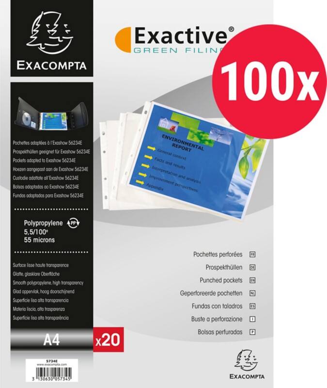 Exacompta Exactive Showtassen A4 Glashelder Transparant 55 micron PP (Polypropeen) Boven 4 Gaten 5734E 100 Stuks