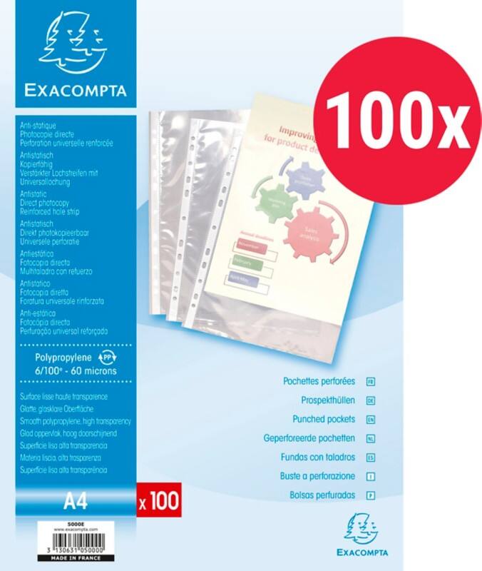 Exacompta Showtassen A4 Glashelder Transparant 60 micron PP (Polypropeen) Boven 11 Gaten 5000E 100 Stuks