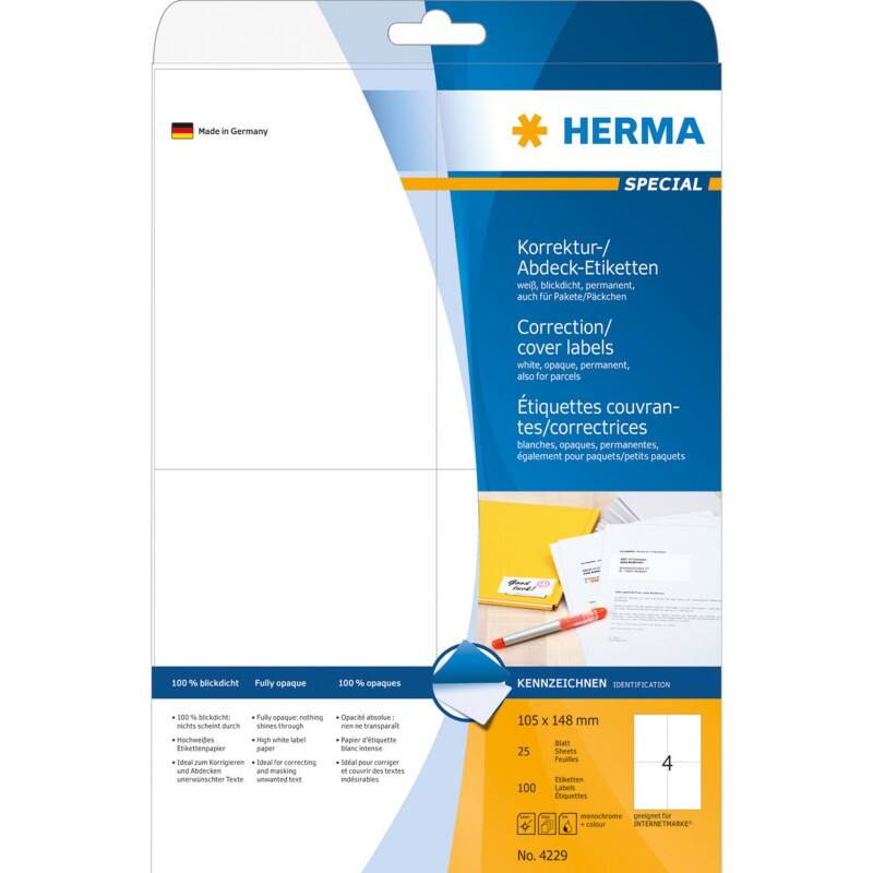 HERMA Etiketten Etiketten wit correctie/afdek 105x148 A4 Klevend A4 105 x 148 mm  25 Vellen à 4 Etiketten