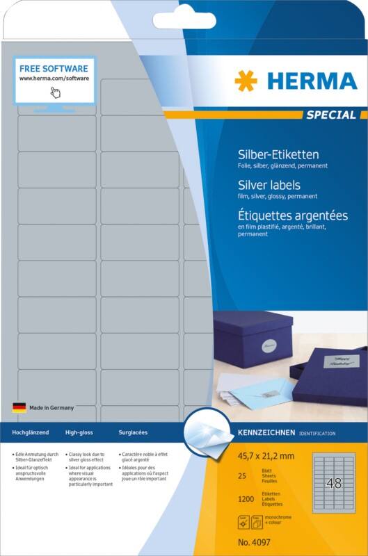 HERMA Laser Etiketten 4097 Klevend A4 Zilver 45,7 x 21,2 mm  25 Vellen à 48 Etiketten