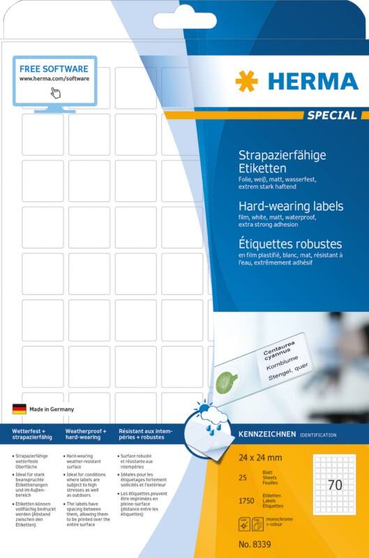 HERMA Etiketten 8339 Klevend A4 Wit 24 x 24 mm  25 Vellen à 70 Etiketten