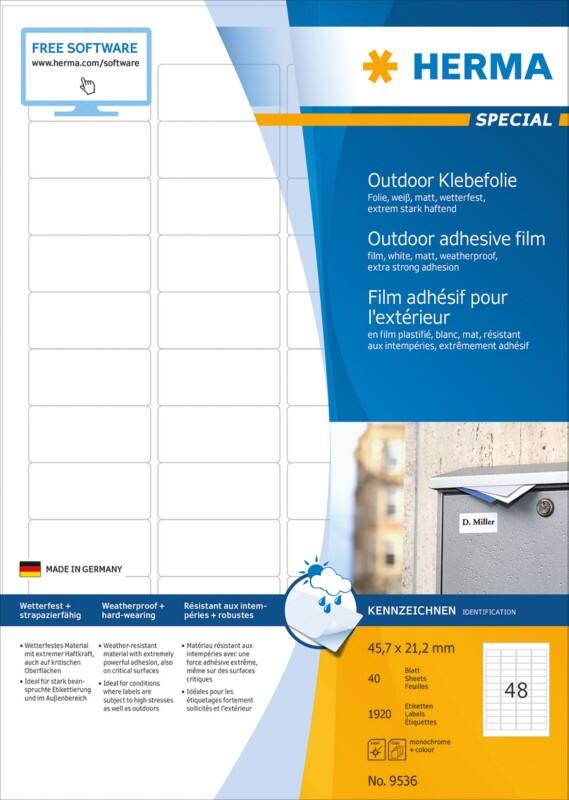 HERMA Etiketten 9536 Klevend A4 45,7 x 21,2 mm  40 Vellen à 48 Etiketten