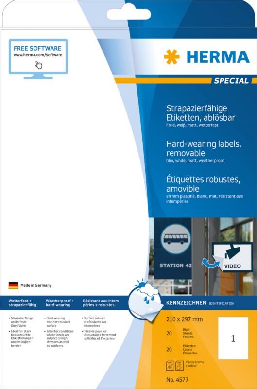 HERMA Etiketten 4577 Klevend A4 210 x 297 mm  20 Vellen à 1 Etiketten