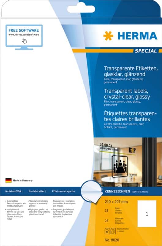 HERMA Laser Etiketten 8020 Klevend A4 Transparant 210 x 297 mm  25 Vellen à 1 Etiketten
