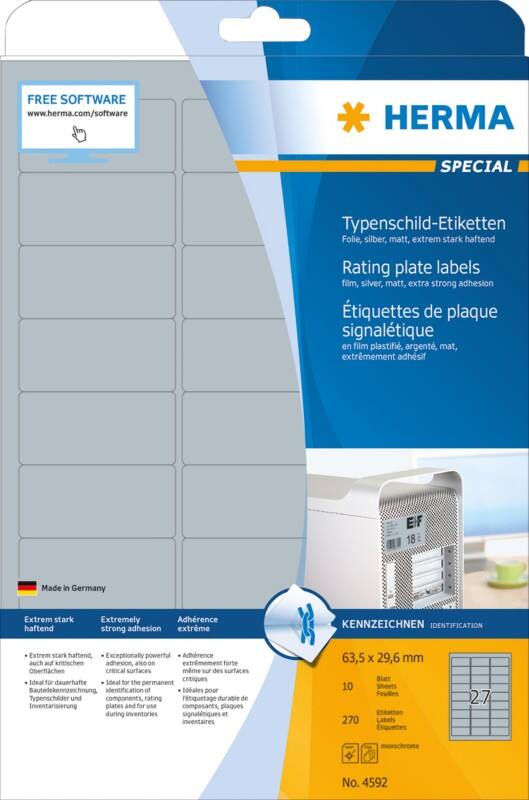 HERMA Laser Etiketten 4592 Klevend A4 63,5 x 29,6 mm  10 Vellen à 27 Etiketten
