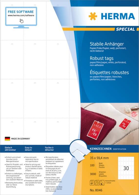 HERMA Laser Etiketten 8046 A4 Wit 35 x 59,4 mm  100 Vellen à 30 Etiketten