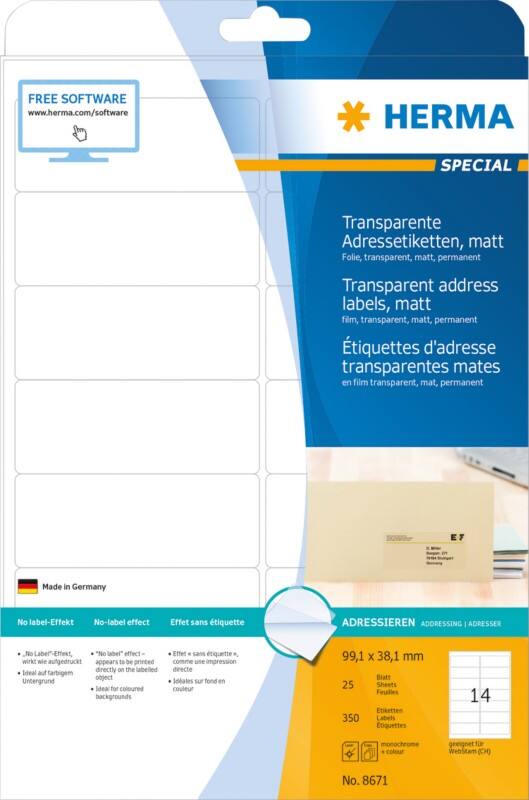 HERMA Laser Adresetiketten 8671 klevend A4 Transparant 99,1 x 38,1 mm 25 Vellen à 14 Etiketten