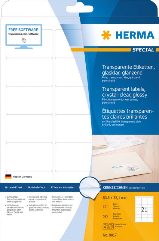 HERMA Laser Etiketten 8017 Klevend A4 Transparant 63,5 x 38,1 mm  25 Vellen à 21 Etiketten