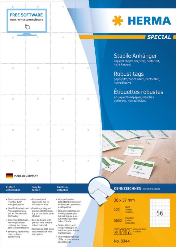 HERMA Laser Etiketten 8044 A4 Wit 30 x 37 mm  100 Vellen à 56 Etiketten