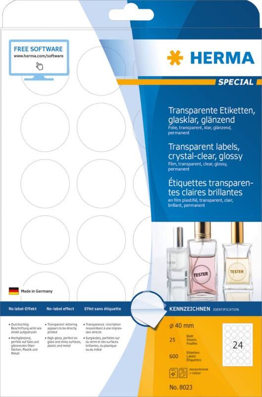 HERMA Laser Etiketten 8023 Klevend A4 Transparant 40 x 40 mm  25 Vellen à 24 Etiketten