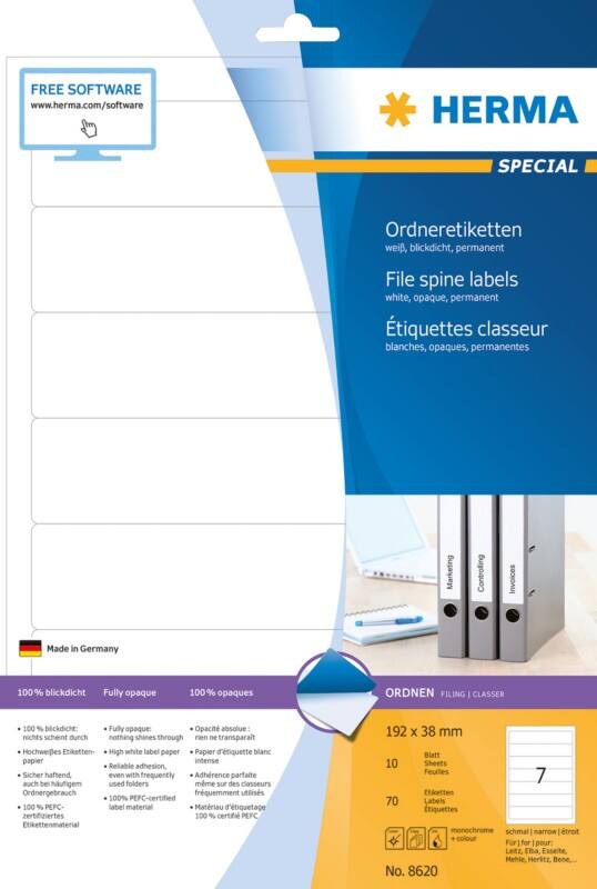 HERMA Ordneretiketten 8620 Wit A4 192 x 38 mm 10 Vellen à 7 Etiketten