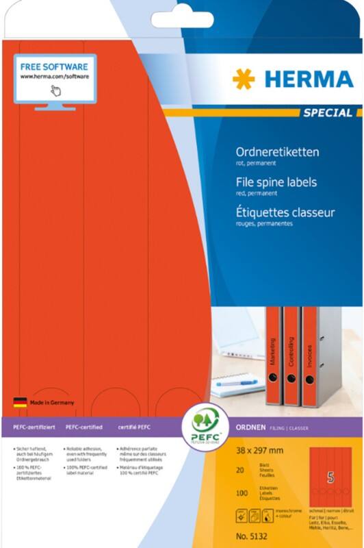 HERMA Ordneretiketten 5132 Rood A4 38 x 297 mm 20 Vellen à 5 Etiketten