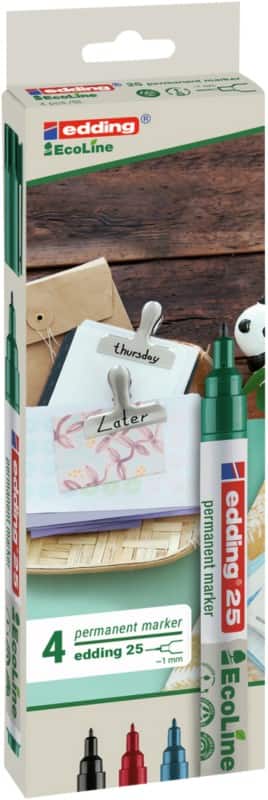 edding EcoLine 25 Permanentmarker Fijn Ronde punt - 1 mm Kleurenassortiment Navulbaar Waterbestendig 4 Stuks