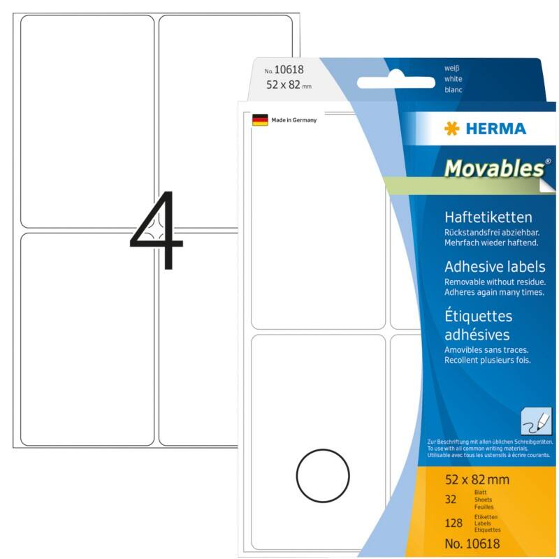 HERMA Etiketten 10618 Klevend Wit 52 x 82 mm  32 Vellen à 4 Etiketten