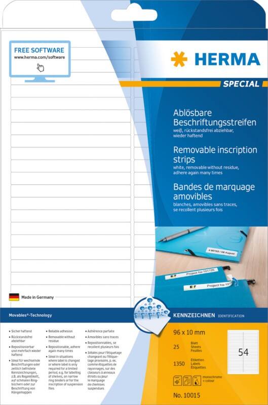 HERMA Laser Etiketten 10015 Klevend Wit 9,6 x 1 cm  25 Vellen à 54 Etiketten