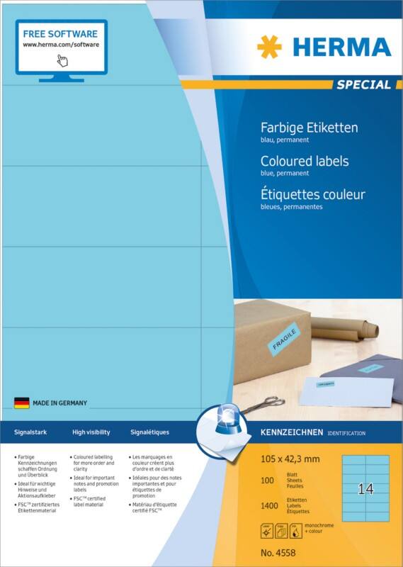 HERMA Laser Etiketten 4558 Klevend 10,5 x 4,2 cm  100 Vellen à 14 Etiketten